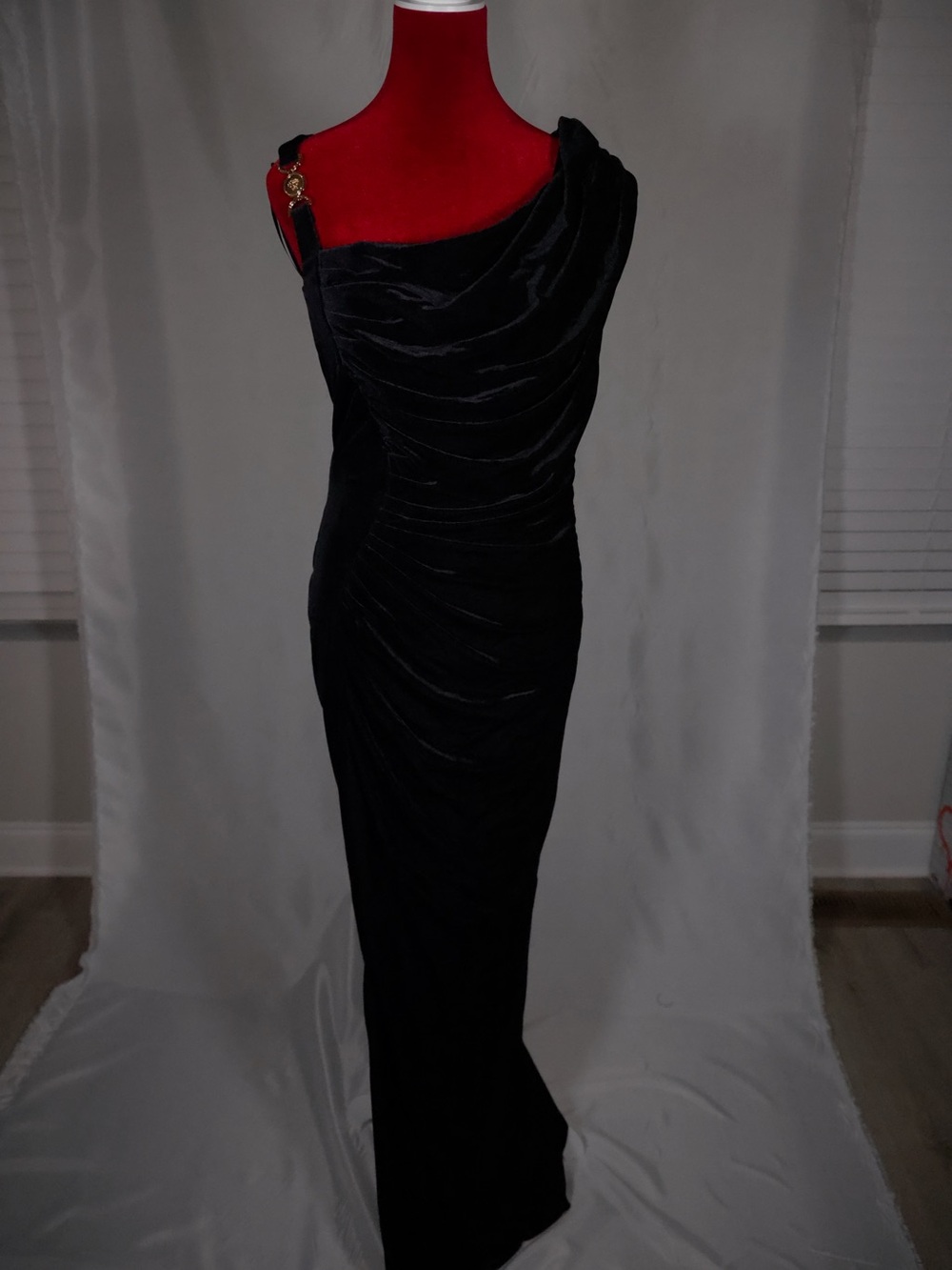 Versace Velvet Black One-Shoulder Evening Gown with Gold Strap Detail
